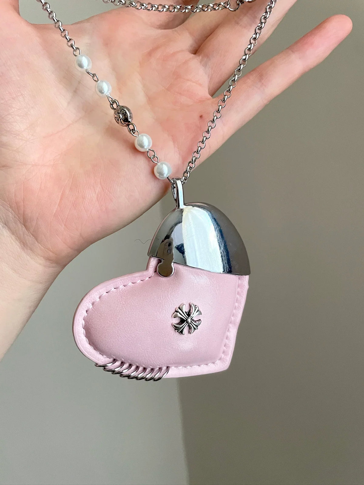 pink leather heart necklace
