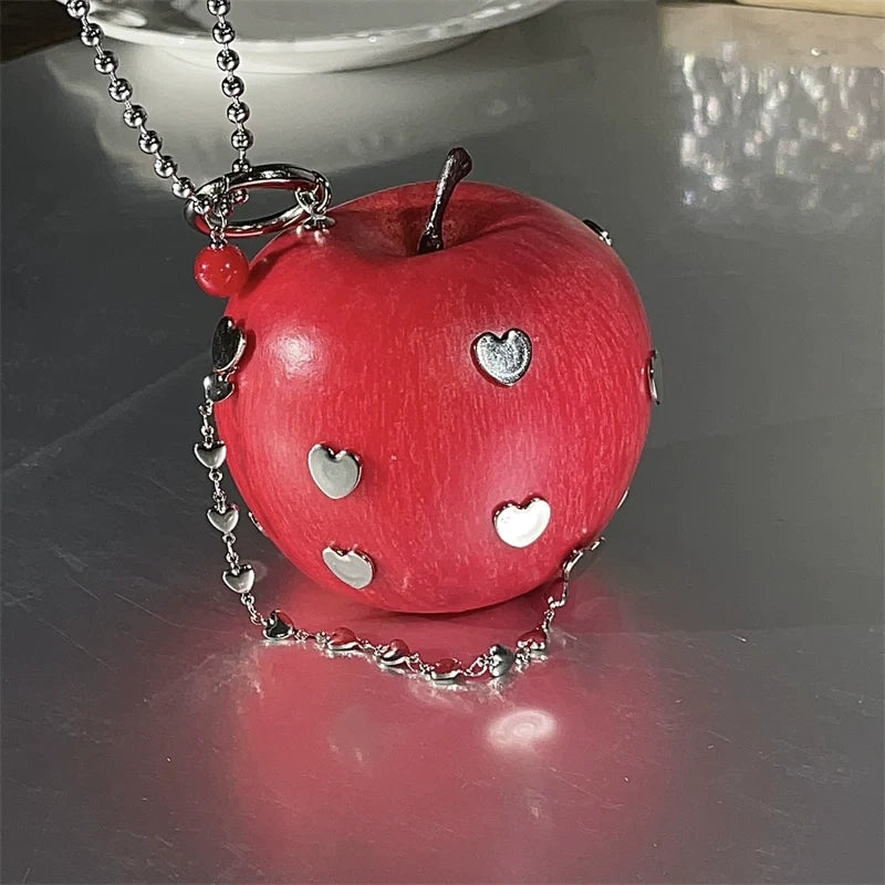red apple silver hearts necklace