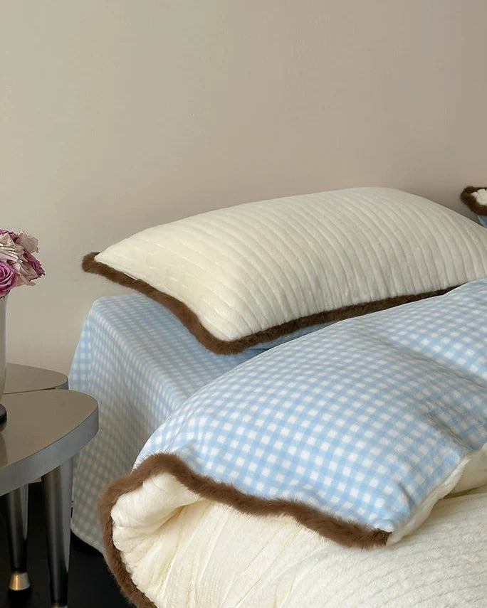 blue plaid plush bedding set