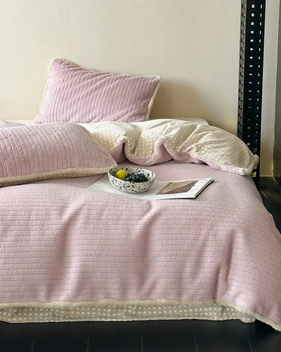 pink plaid plush bedding set